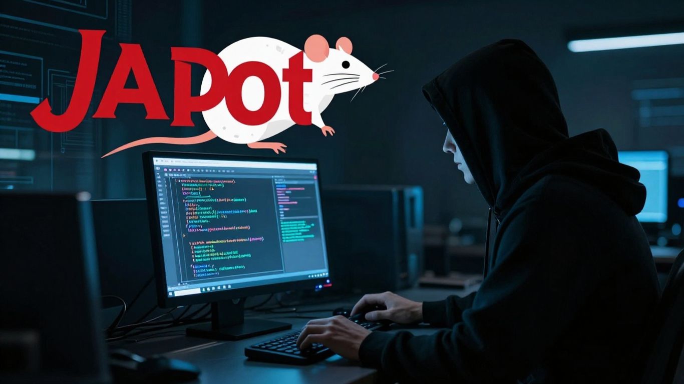 Computer screen with code, Java logo, and rat.