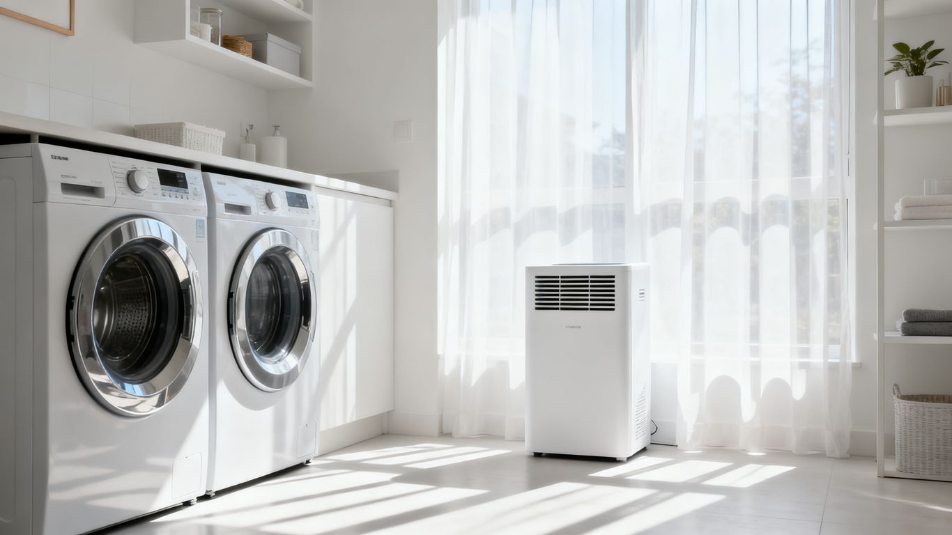 A clean laundry room with a modern dehumidifier placed on the floor
