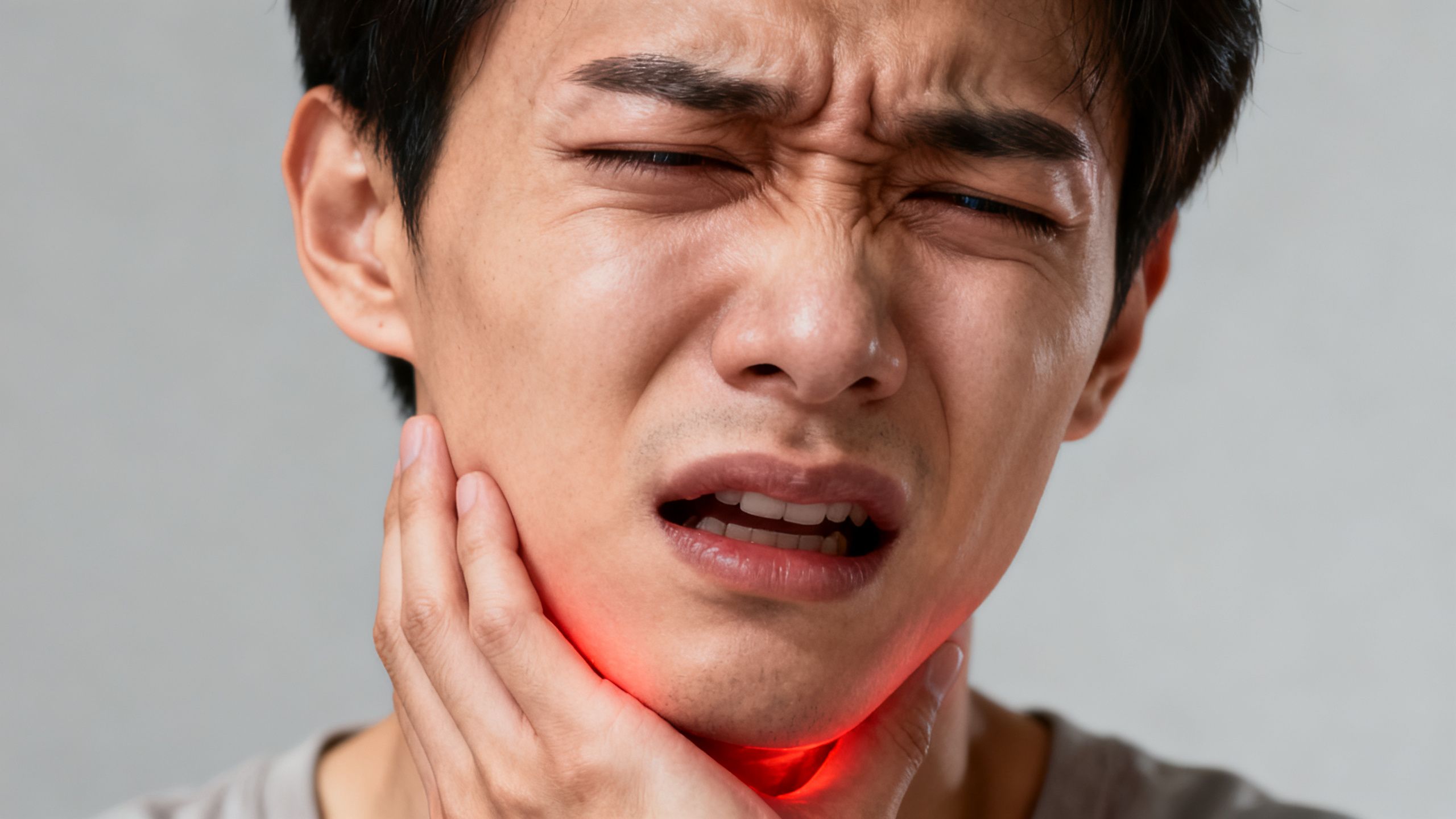 A person holding their jaw in pain, indicating a severe toothache that requires emergency dental care.