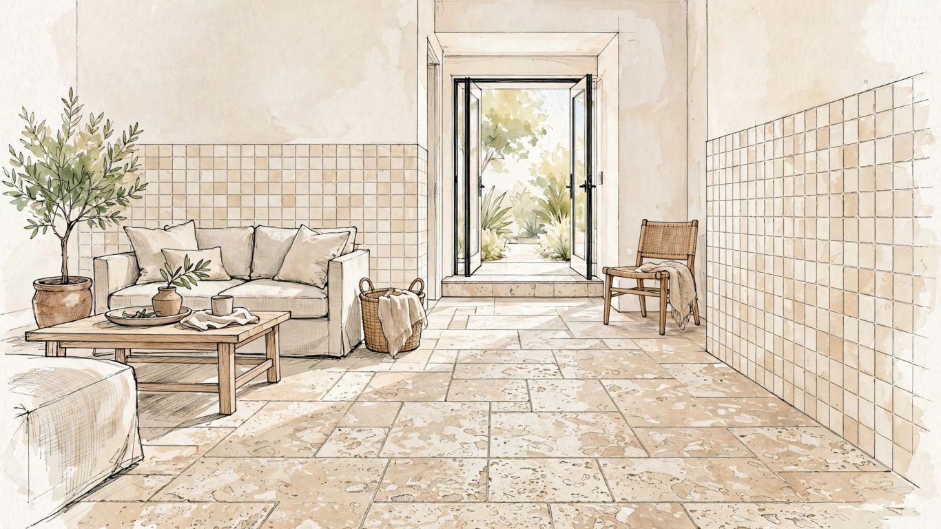 Travertine flooring beside a bright living area