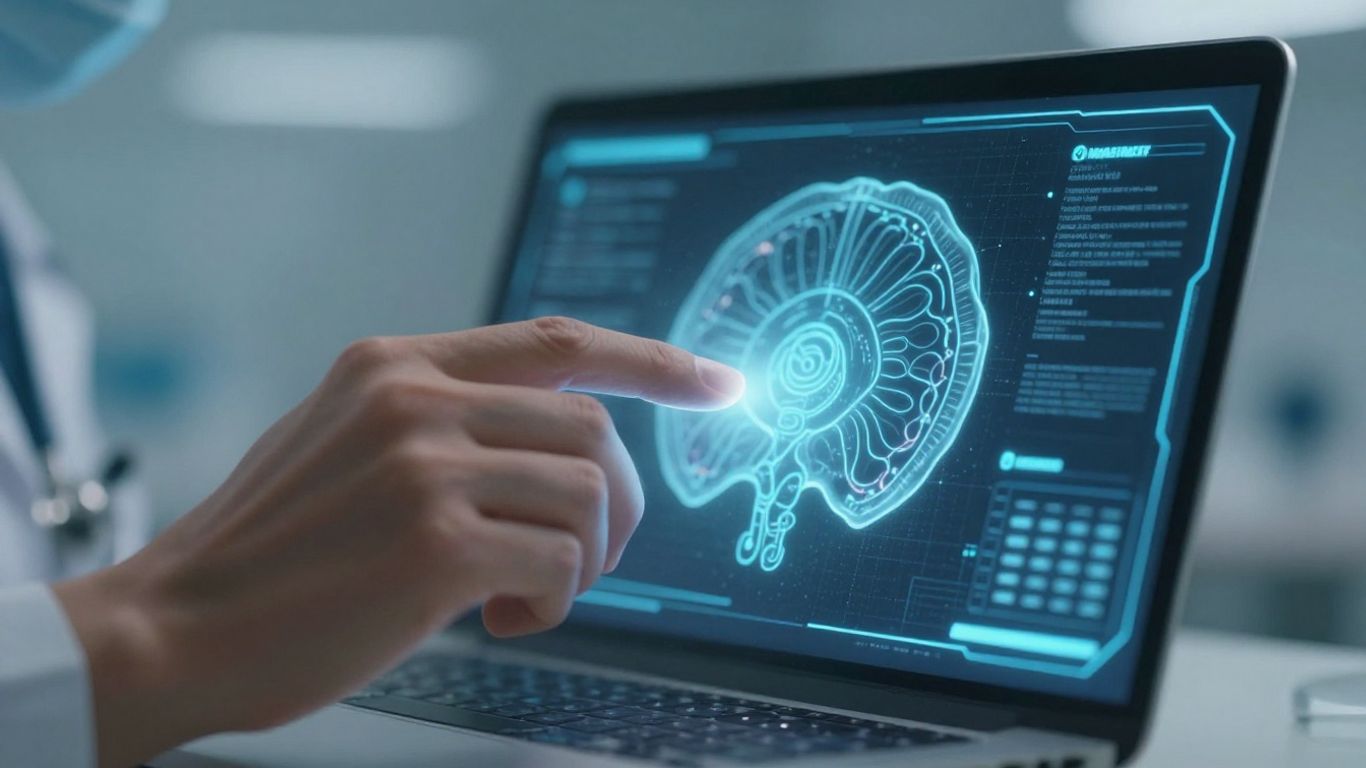 Mâini ale unui medic interacționând cu o interfață holografică medicală.