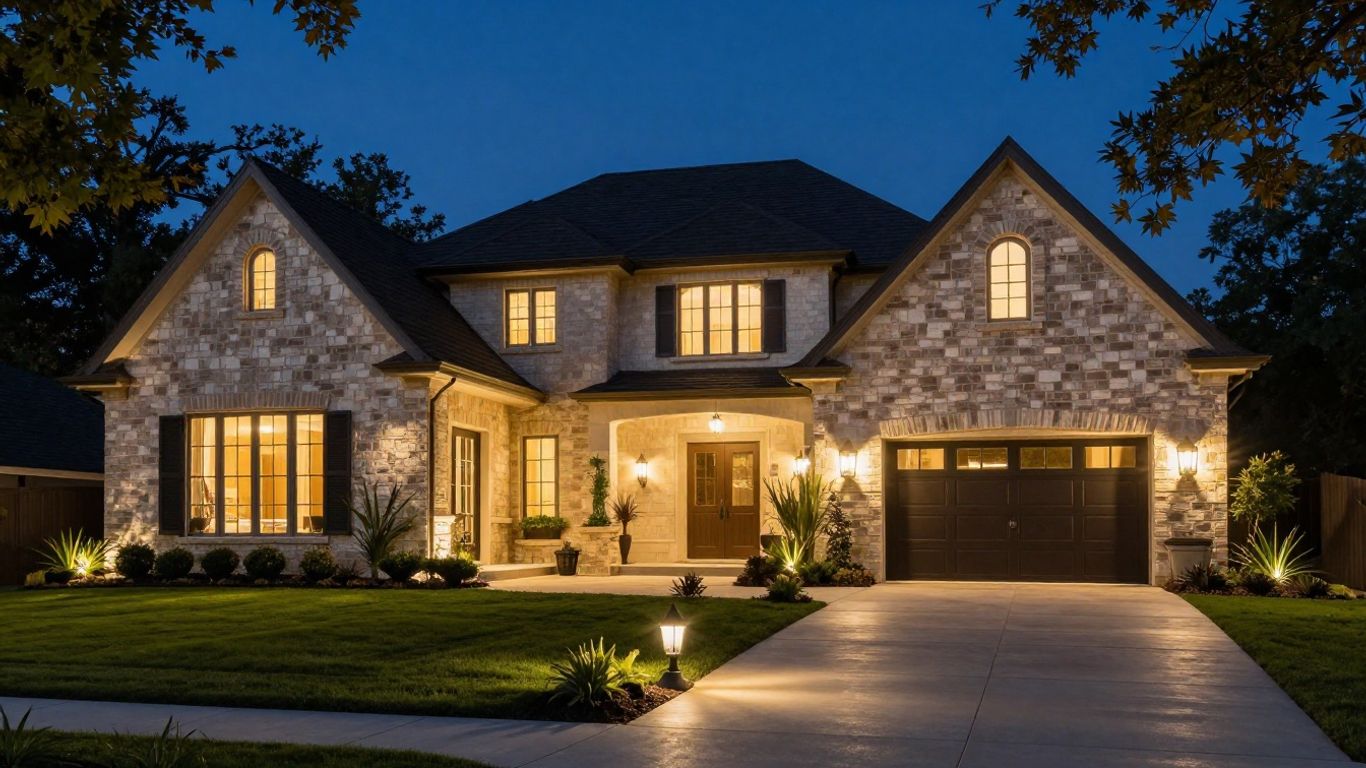 Elegant permanent outdoor lighting on a West Lake Hills home.