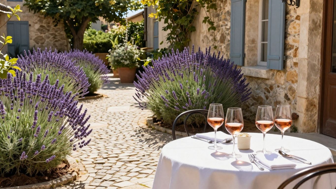 Aix-en-Provence courtyard with lavender and rosé wine.