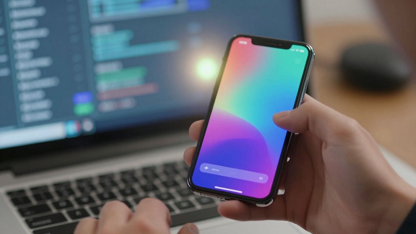 Hands holding a smartphone with a colorful abstract trading interface.