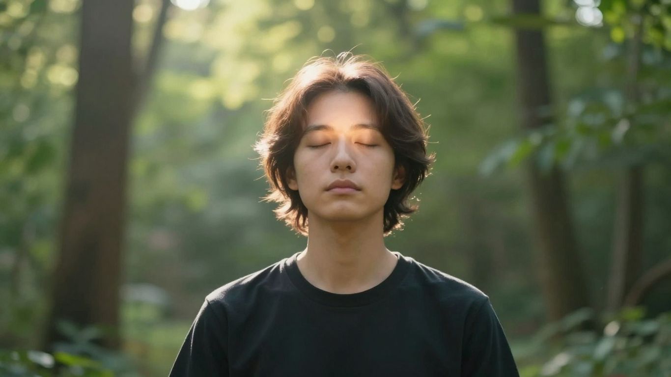 Person meditating outdoors with a peaceful aura.