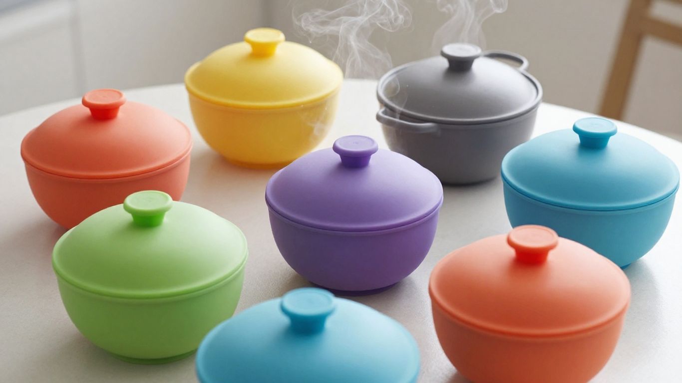 Silicone lids sealing various kitchen bowls and containers.