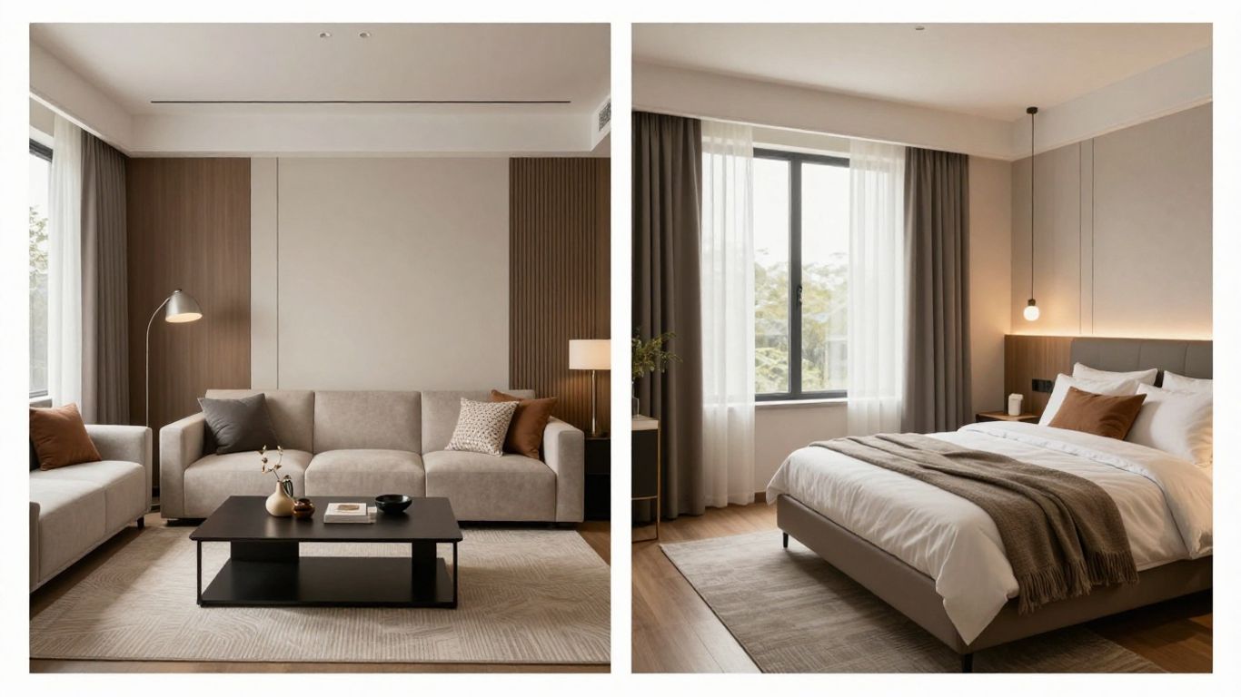 Stylish living room and cozy bedroom interiors compared.