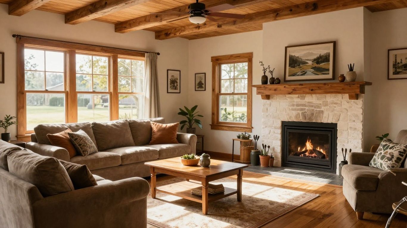 Ranch style Airbnb interior with fireplace and family seating.