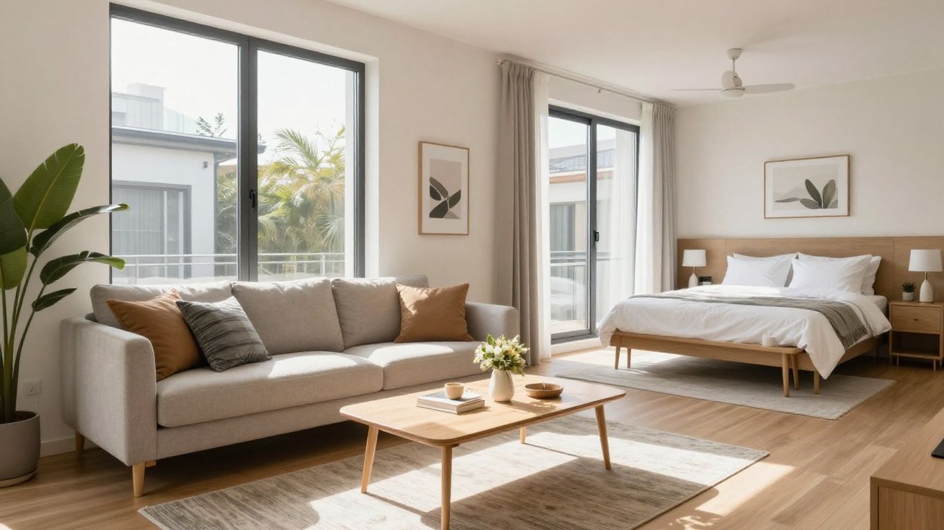 Furnished 1 bedroom Airbnb apartment interior with sunlight.