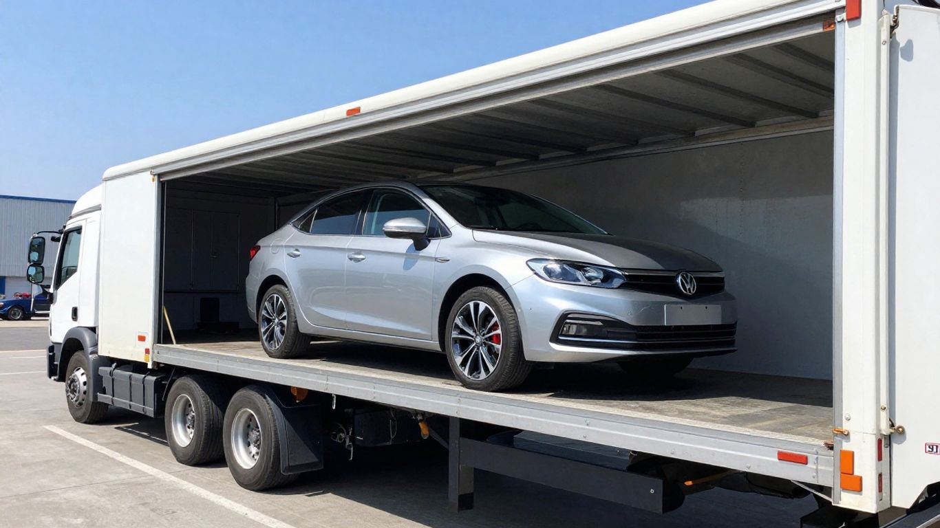 Verladung eines Neufahrzeugs auf einen Autotransporter