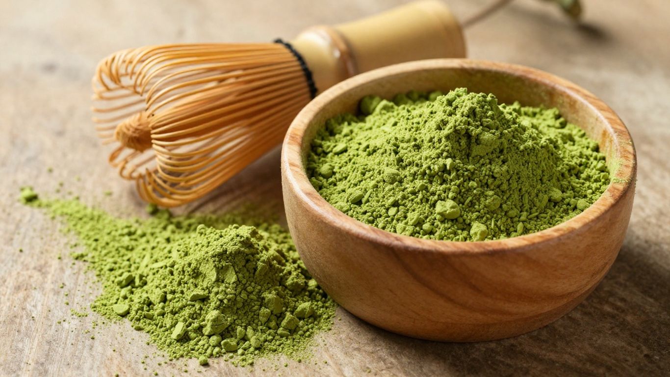 Organic matcha powder in a bowl with a whisk