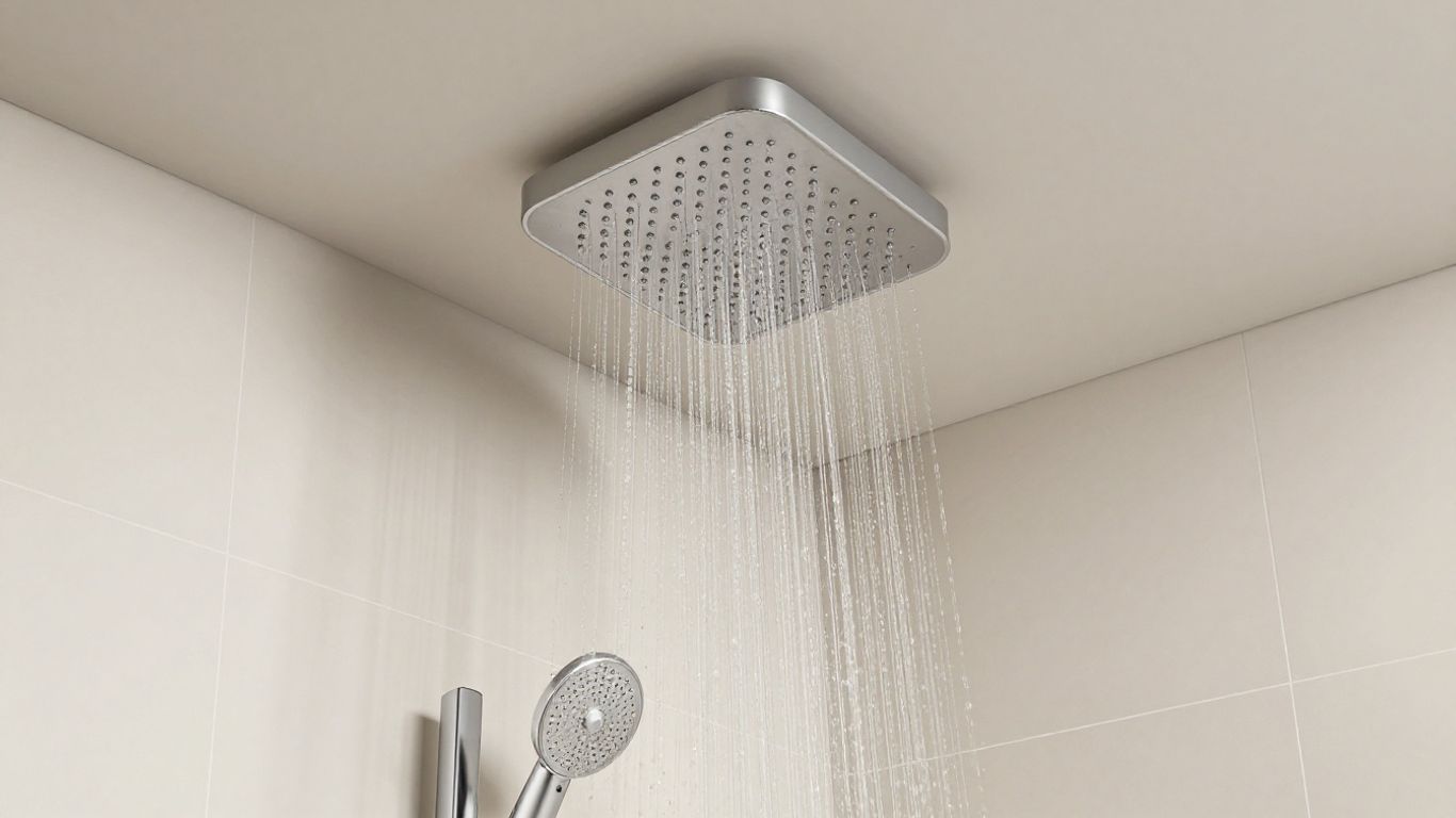 Luxurious bathroom with ceiling-mounted rain shower.