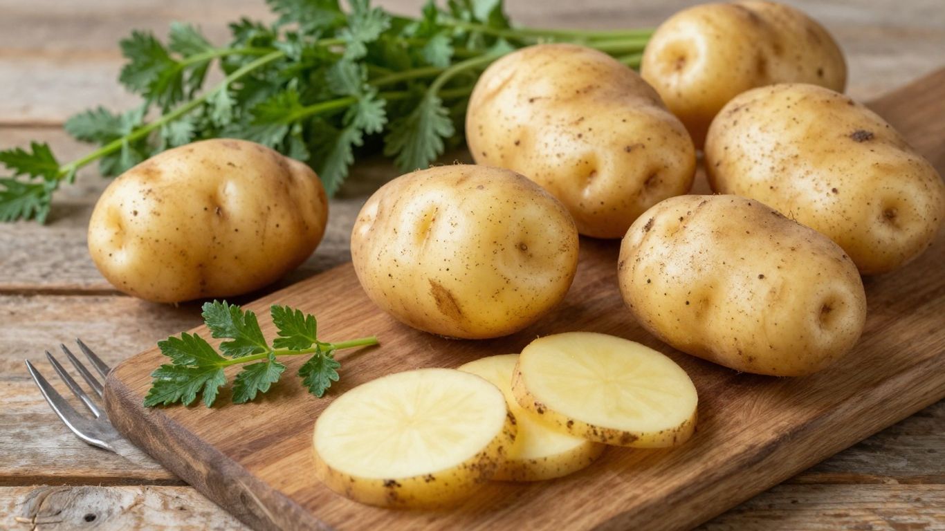 Biologische aardappelen, kruiden en een vork op een tafel.