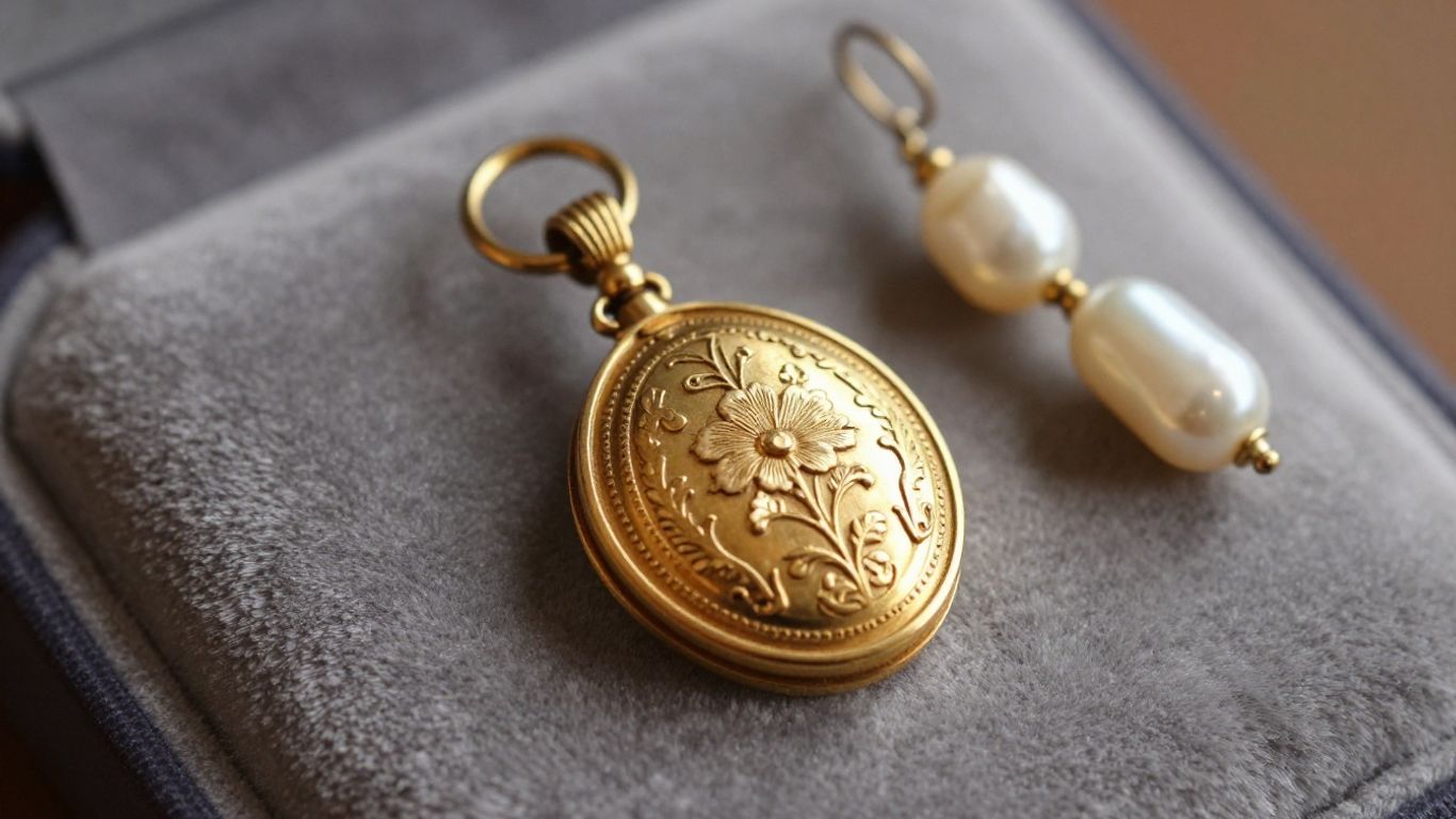 Antique locket and pearl earrings on velvet.