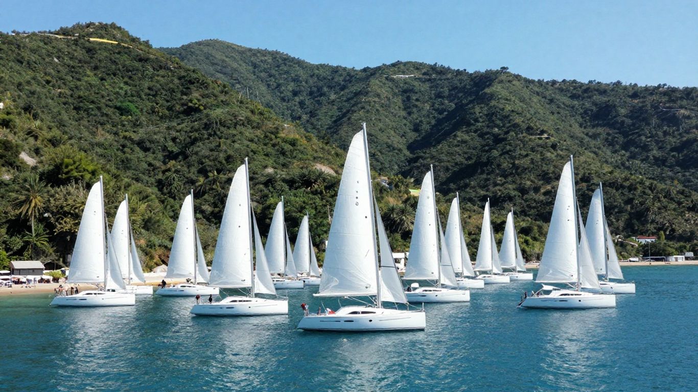Sailboats docked in a clear turquoise bay with green hills.