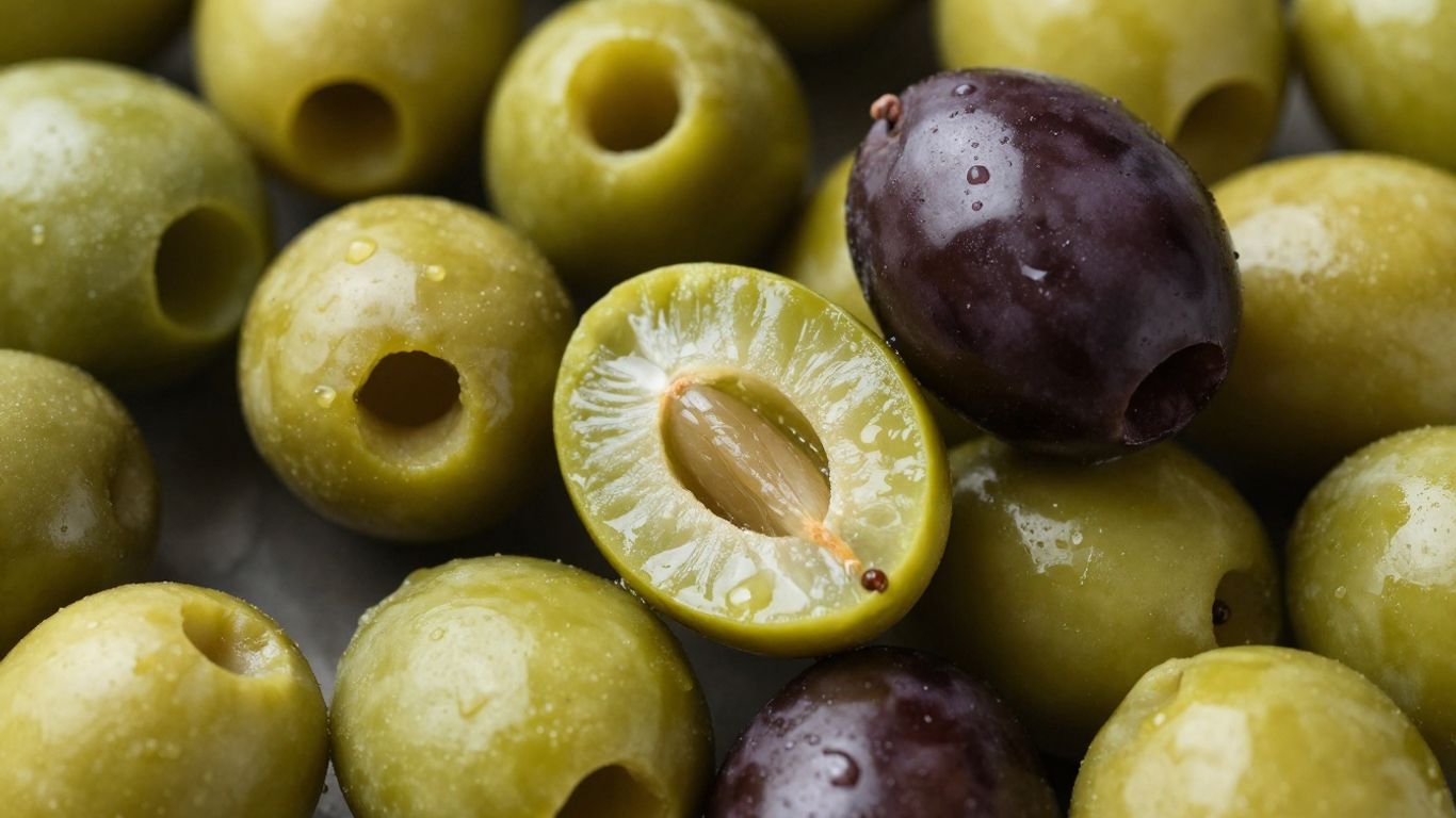 Grüne und schwarze Oliven nebeneinander, ganz und geschnitten.