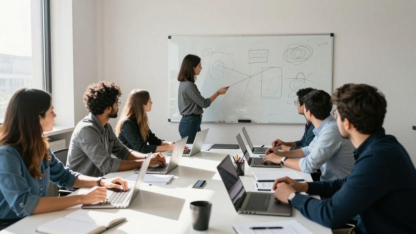 Team collaborating in a bright office space.