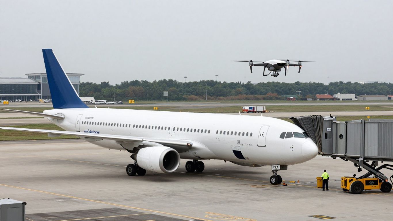 Drone near airplane and drone at airport cargo loading area.
