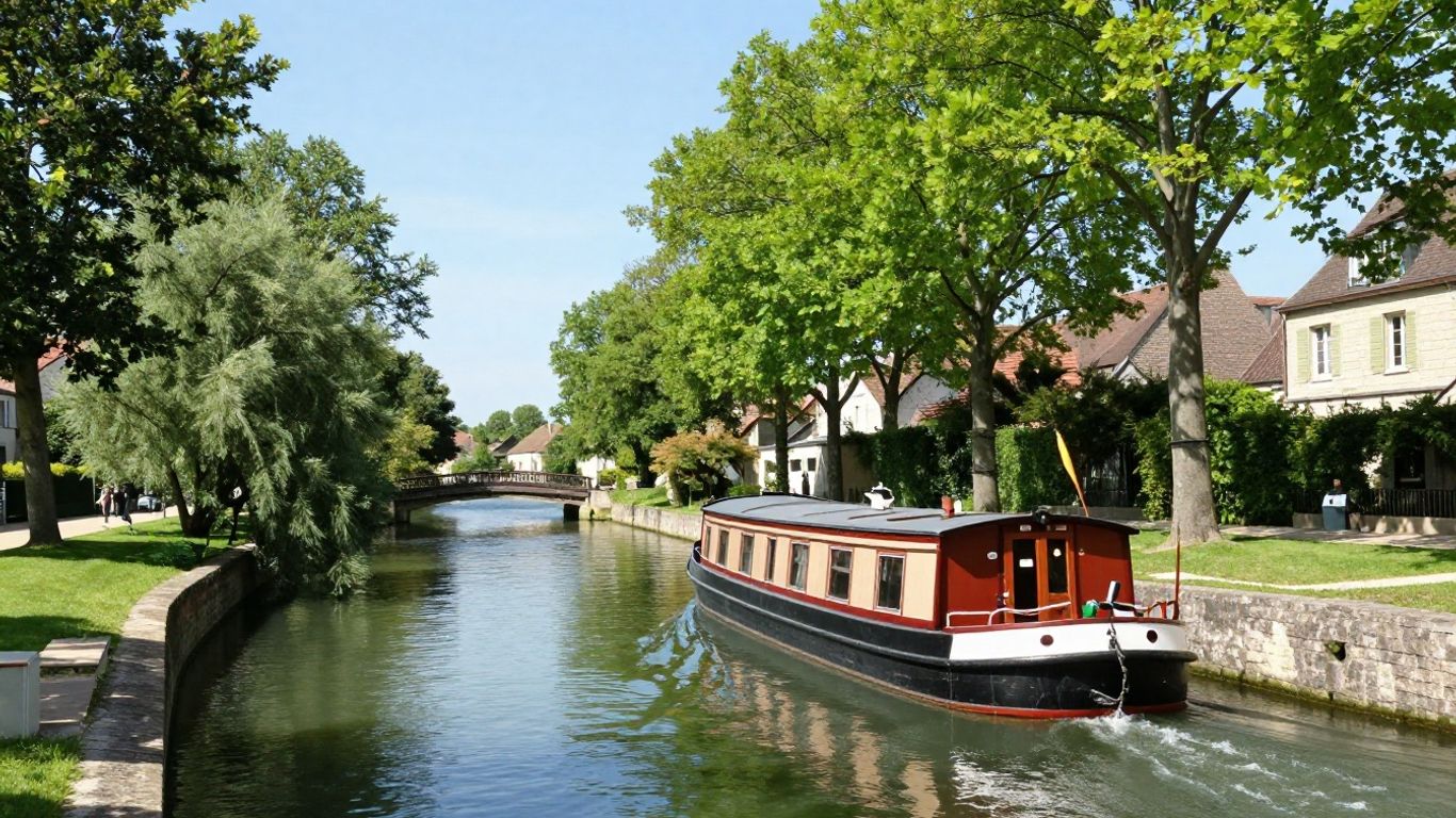 Barge on a French canal with trees and bridges.