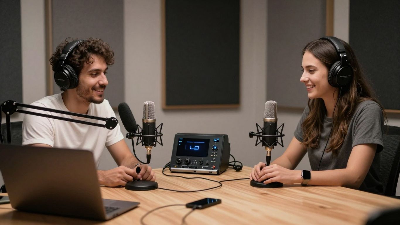 Estudio de podcast moderno con equipo profesional.