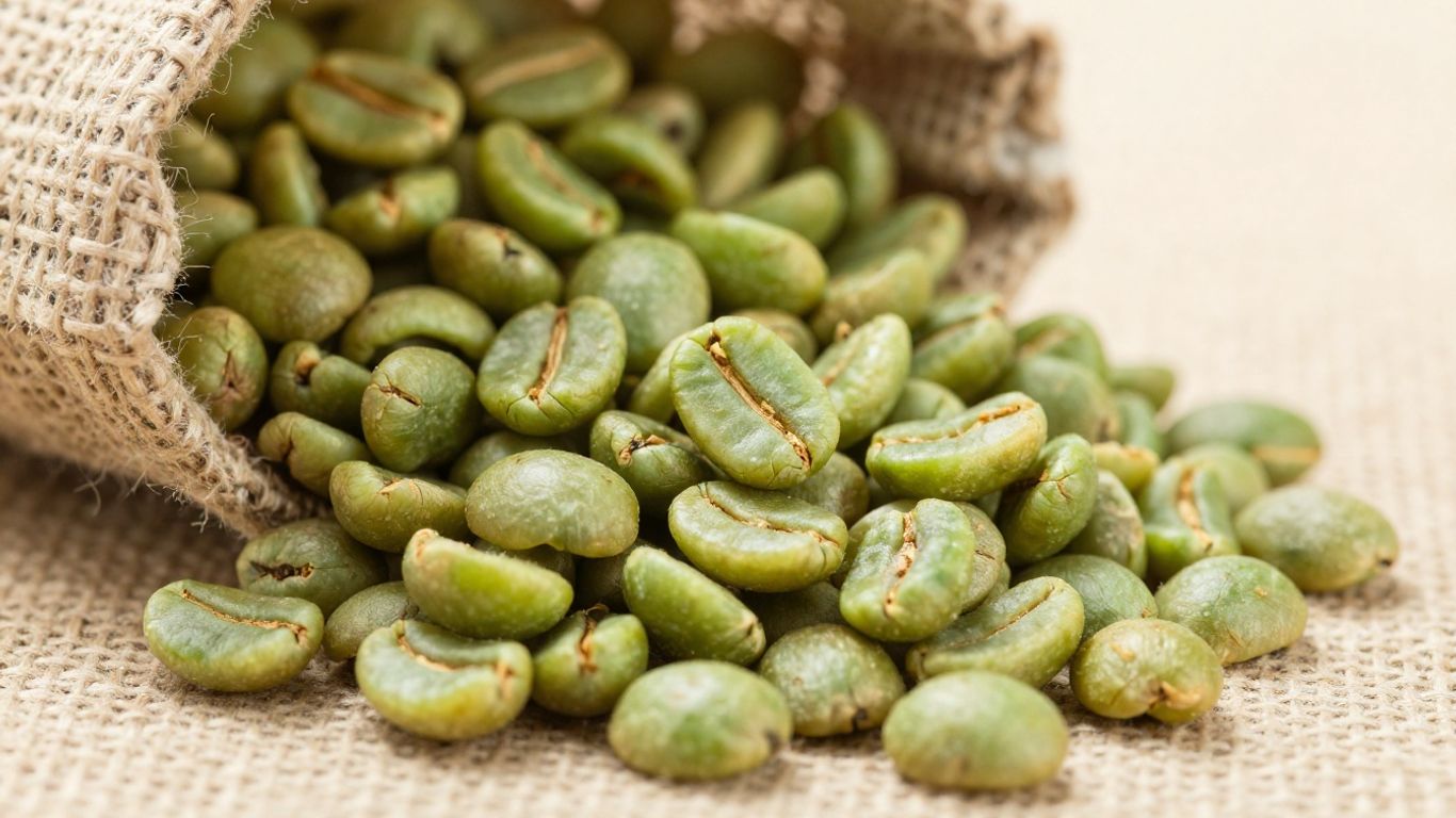 Green coffee beans spilling from a burlap sack.