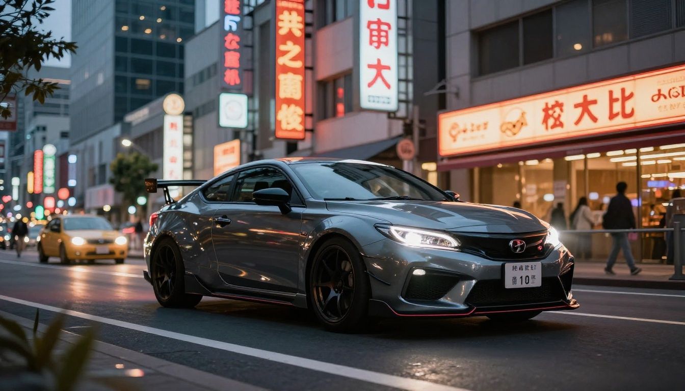 Carro esportivo percorrendo uma estrada japonesa ao pôr do sol, com montanhas, neon e elementos de festival automotivo ao fundo