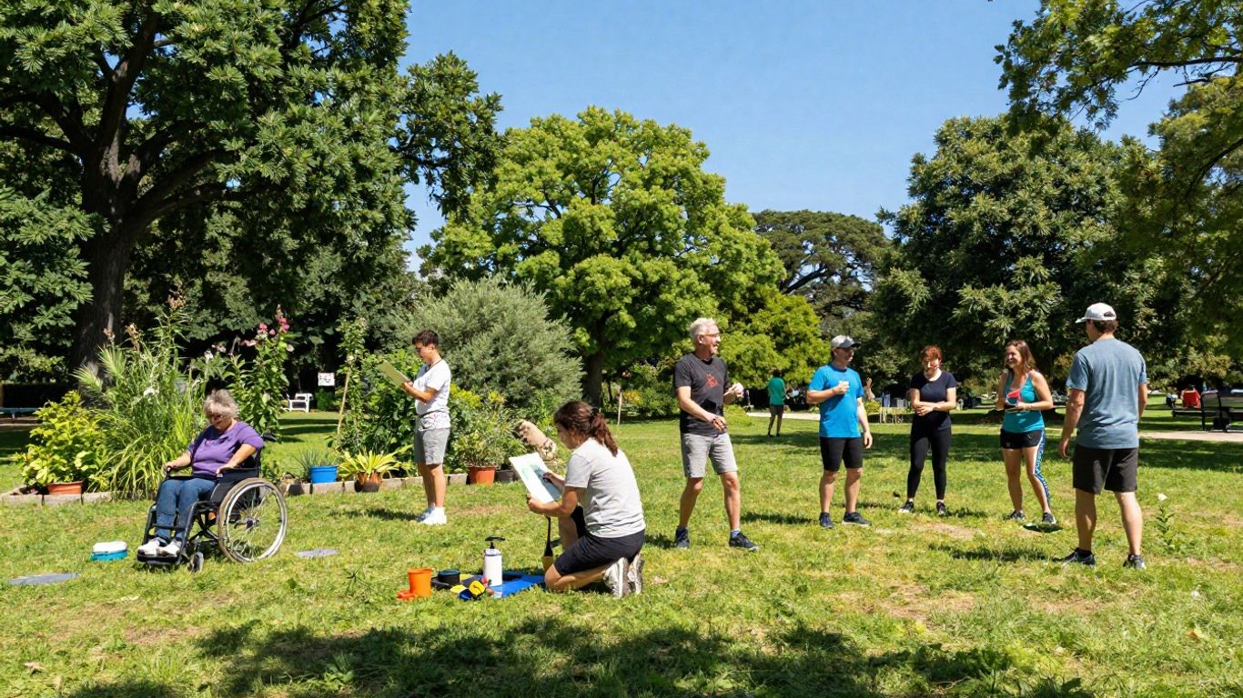 People enjoying diverse NDIS activities in a park.