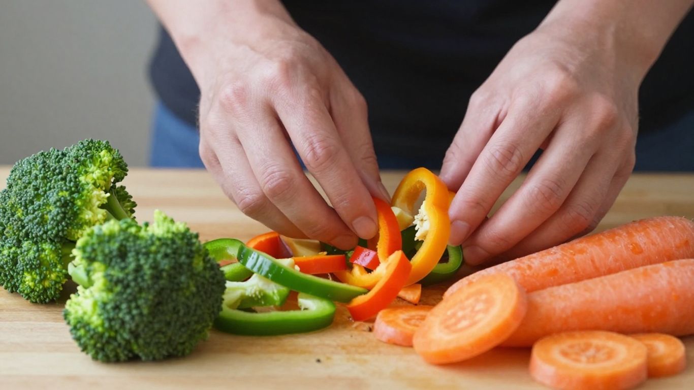 Pessoa preparando refeição saudável com vegetais coloridos.