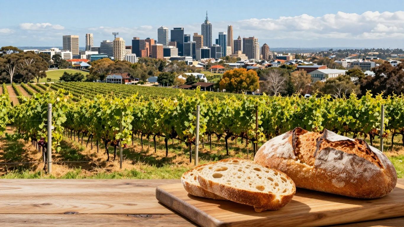 Adelaide cityscape and vineyards with local produce