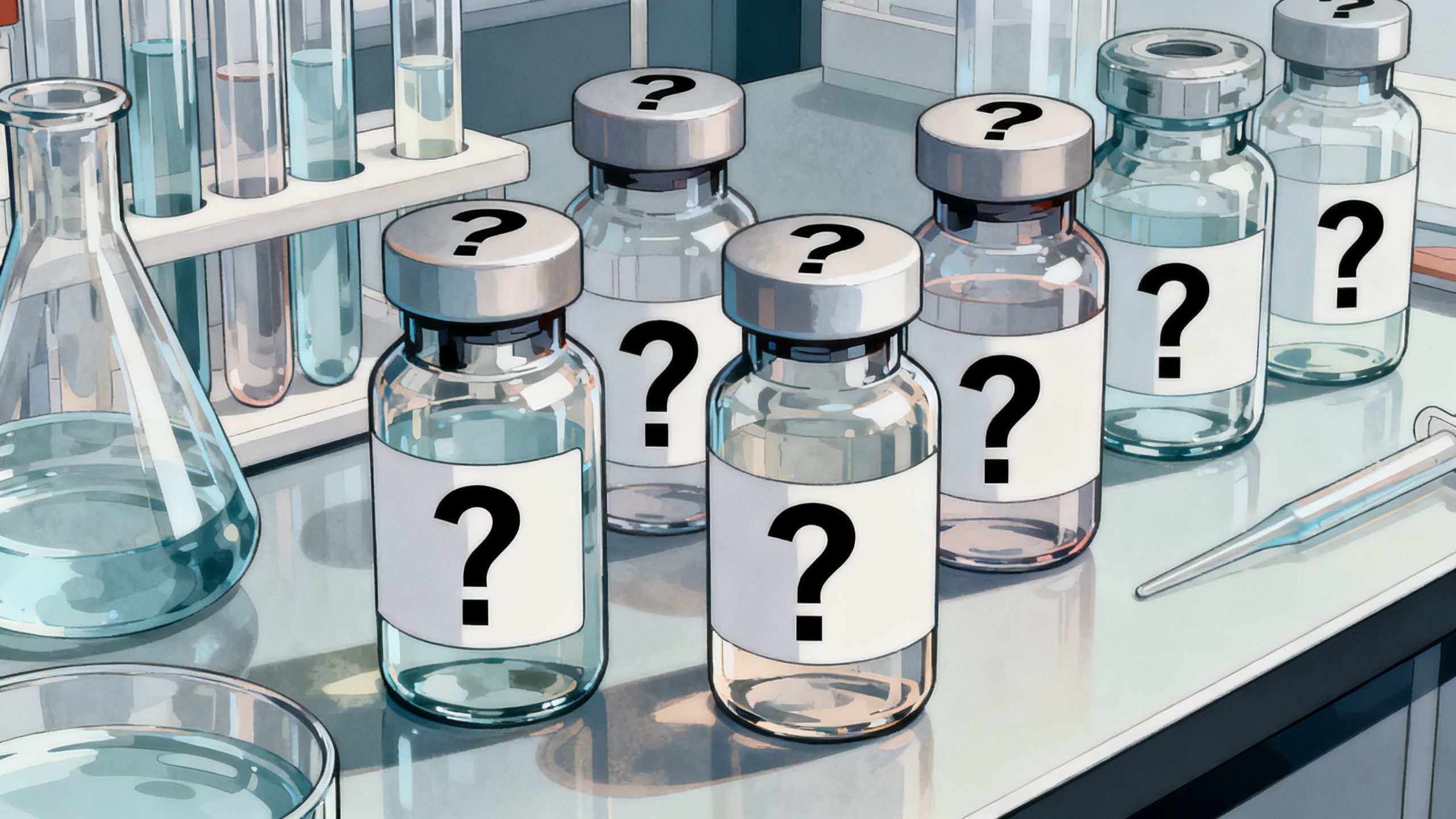 A collection of vials and bottles with question marks, symbolizing the uncertainty of peptide and PED quality from unknown sources.