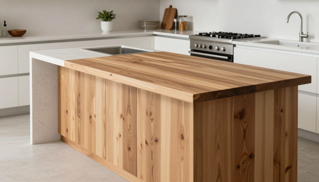Wood island with quartz perimeter countertops in a modern kitchen.