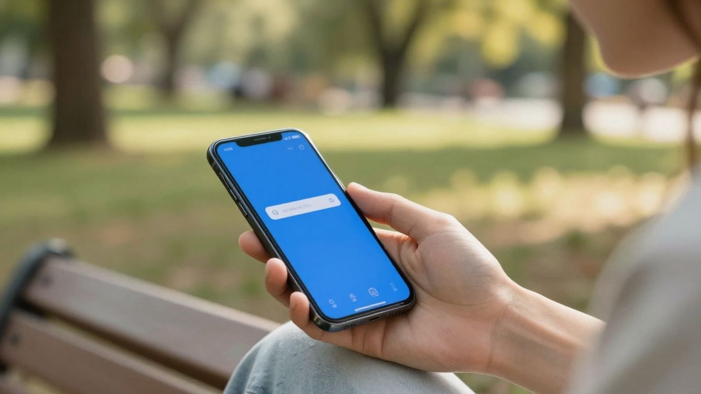 A person looking at a smartphone screen showing a calm interface while sitting in a park with soft light