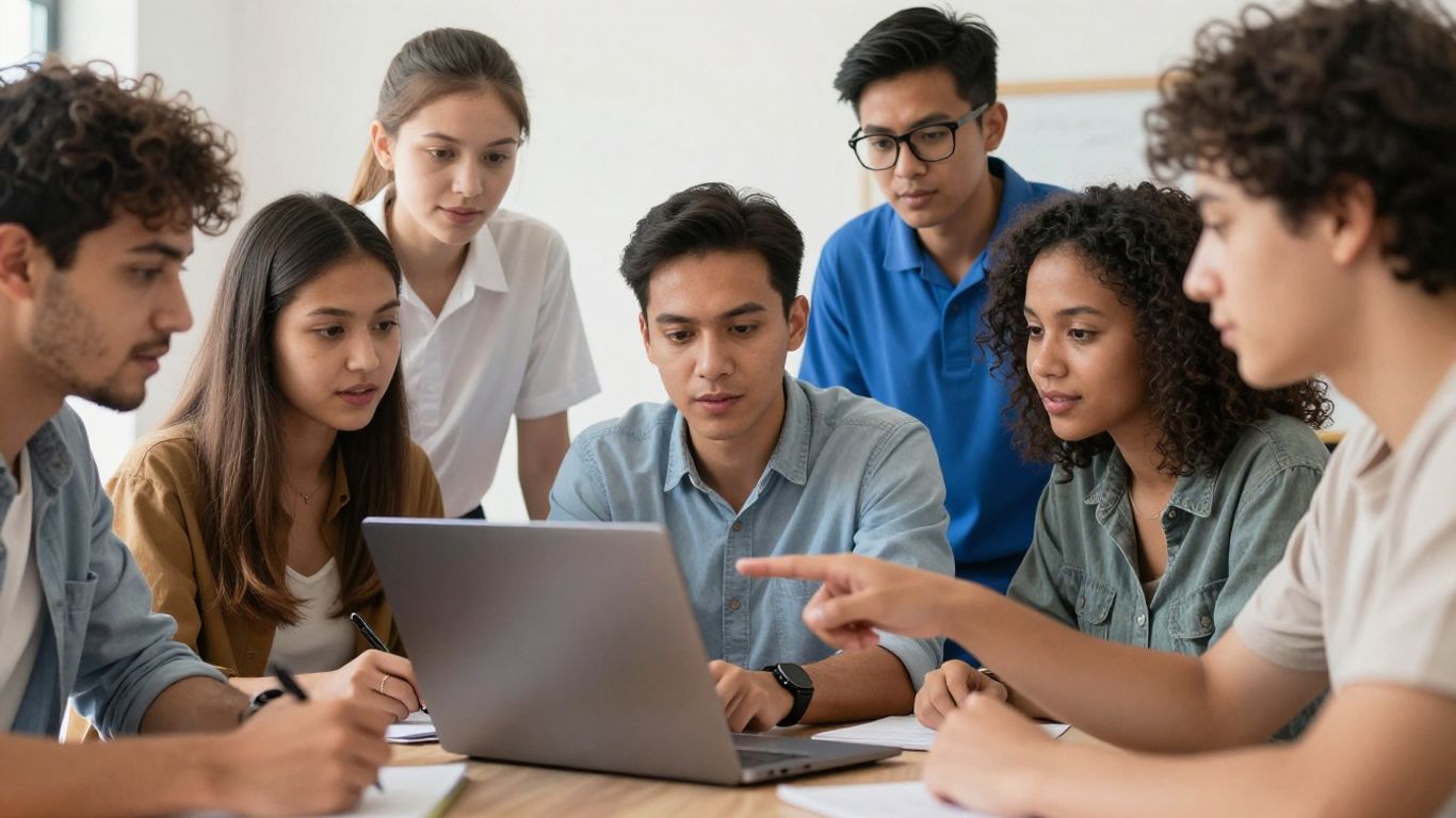 Staff helping residents use a laptop in a hostel.