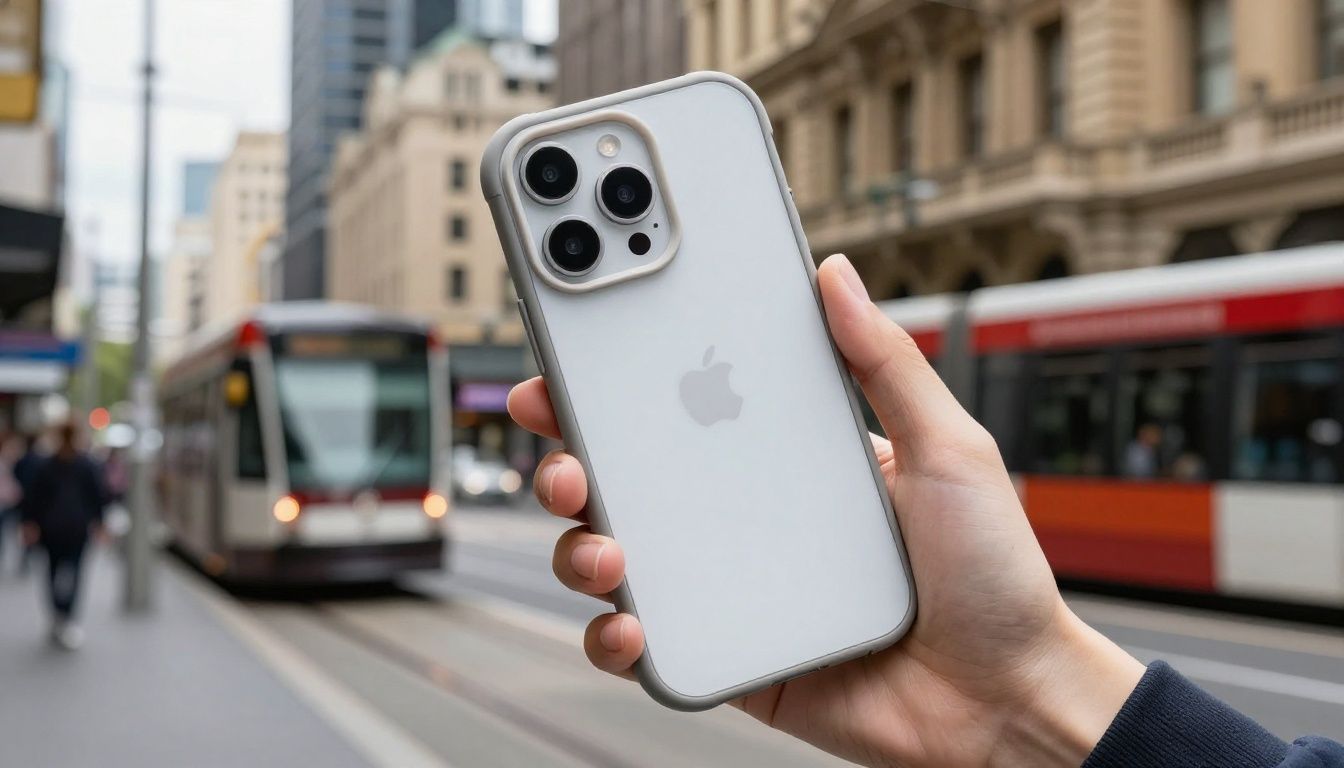 A close-up shot of a person's hand holding an iPhone 16 in a sturdy-looking case, checking their phone while waiting for a tram in a Melbourne city scene.