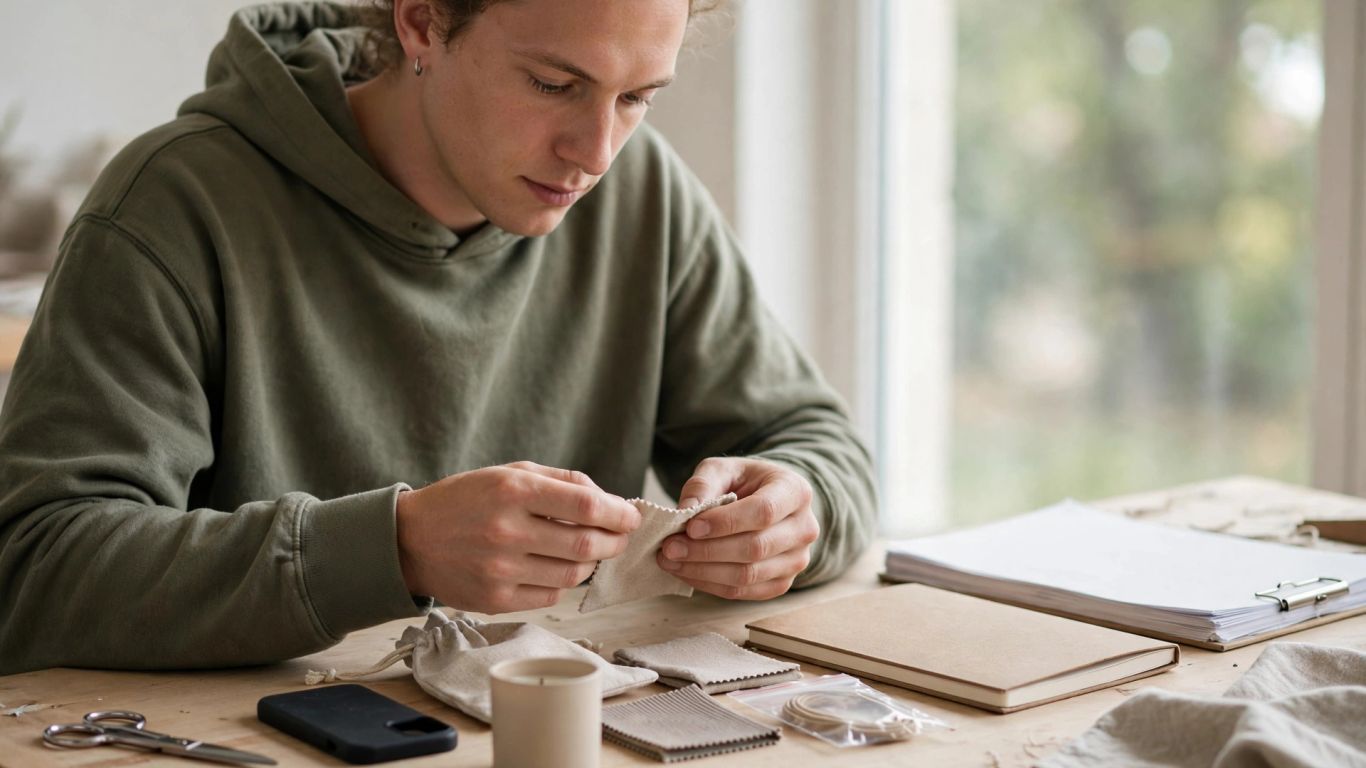Seller reviewing product samples and supplier notes