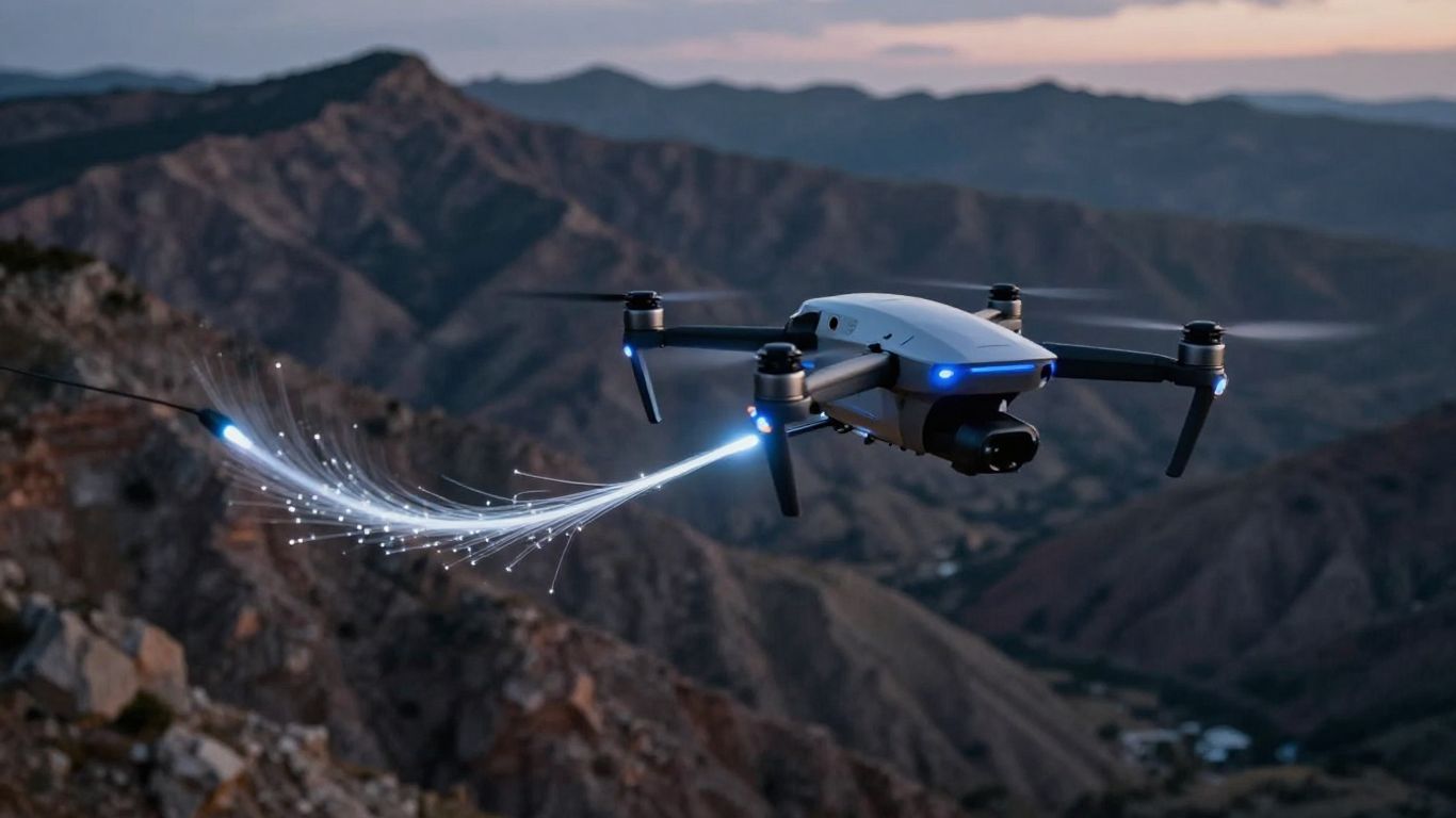 Drone with fiber optic cable flying over mountains.