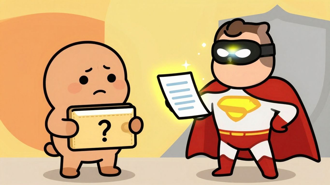 Cartoon character receiving a loan document from a superhero.