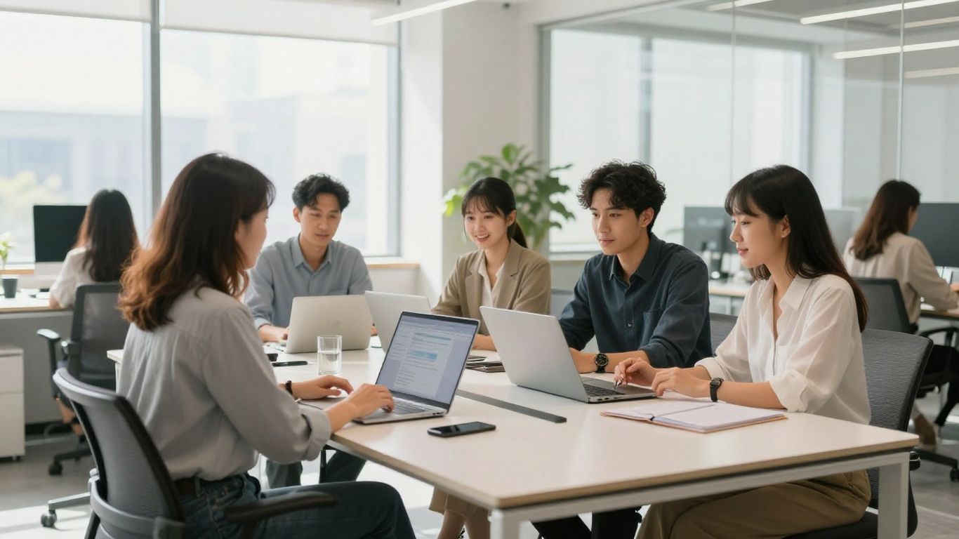 Business professionals collaborating in a modern, bright office.