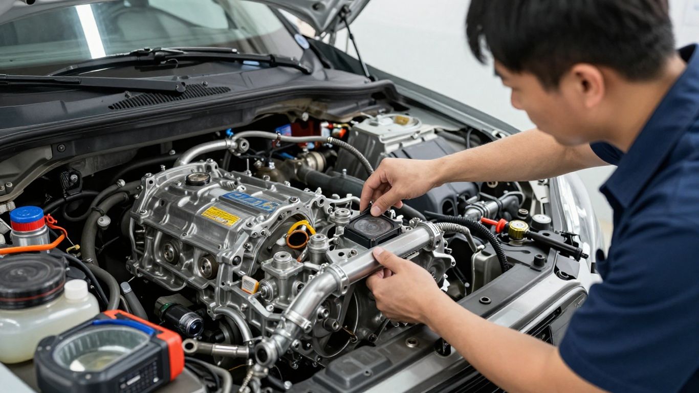 Technician inspecting automatic transmission