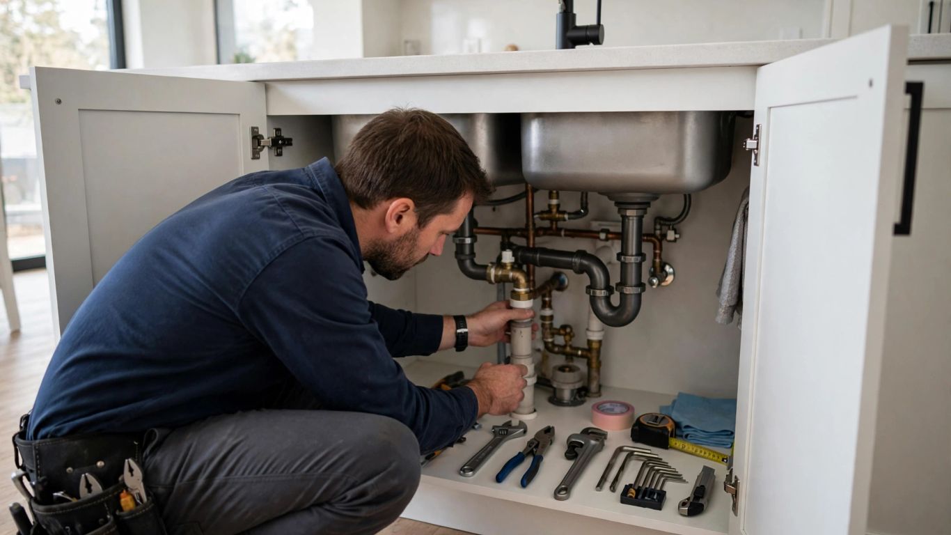 Plumber inspecting pipes beneath a kitchen sink