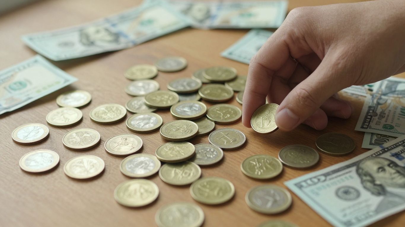 Monedas y billetes en una mesa de madera.