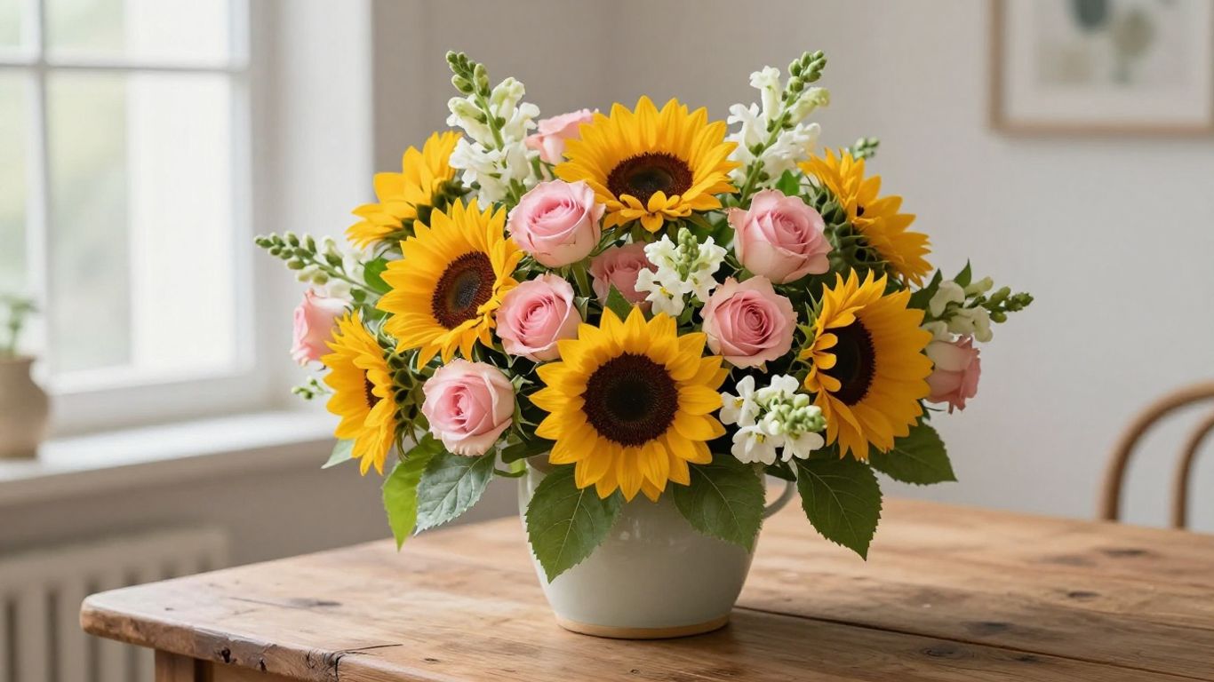 Birthday bouquet on wooden table