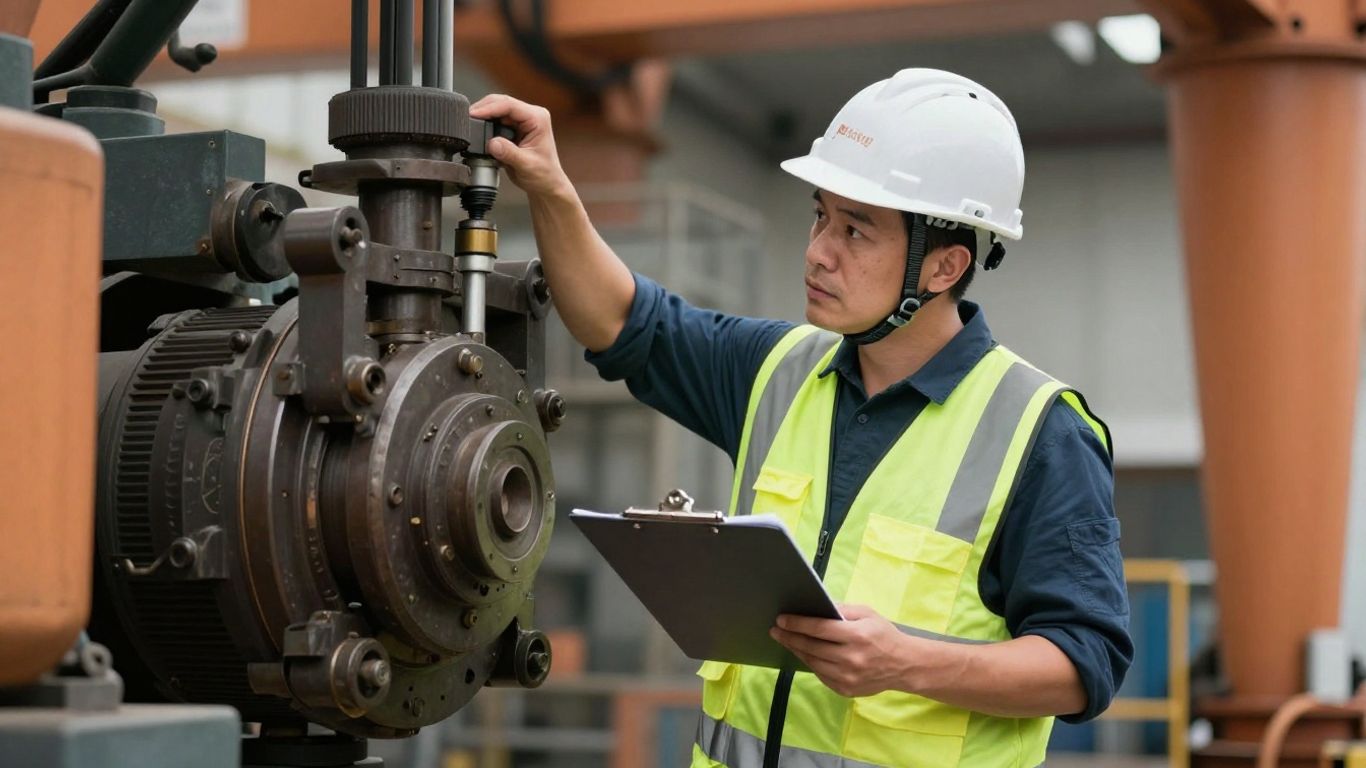 Crane inspector examining machinery with clipboard.