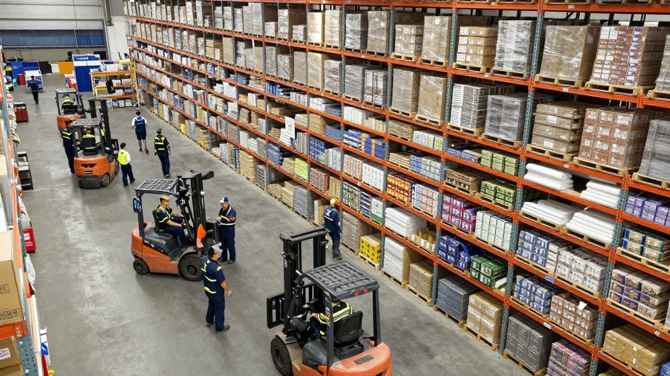 Distribution center operations with teams and forklifts.