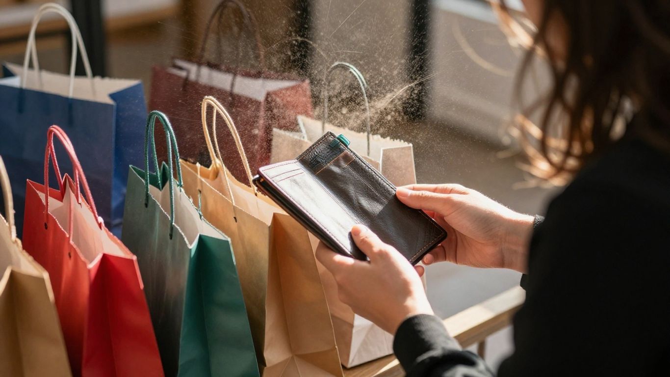 Person considering a wallet near shopping bags.