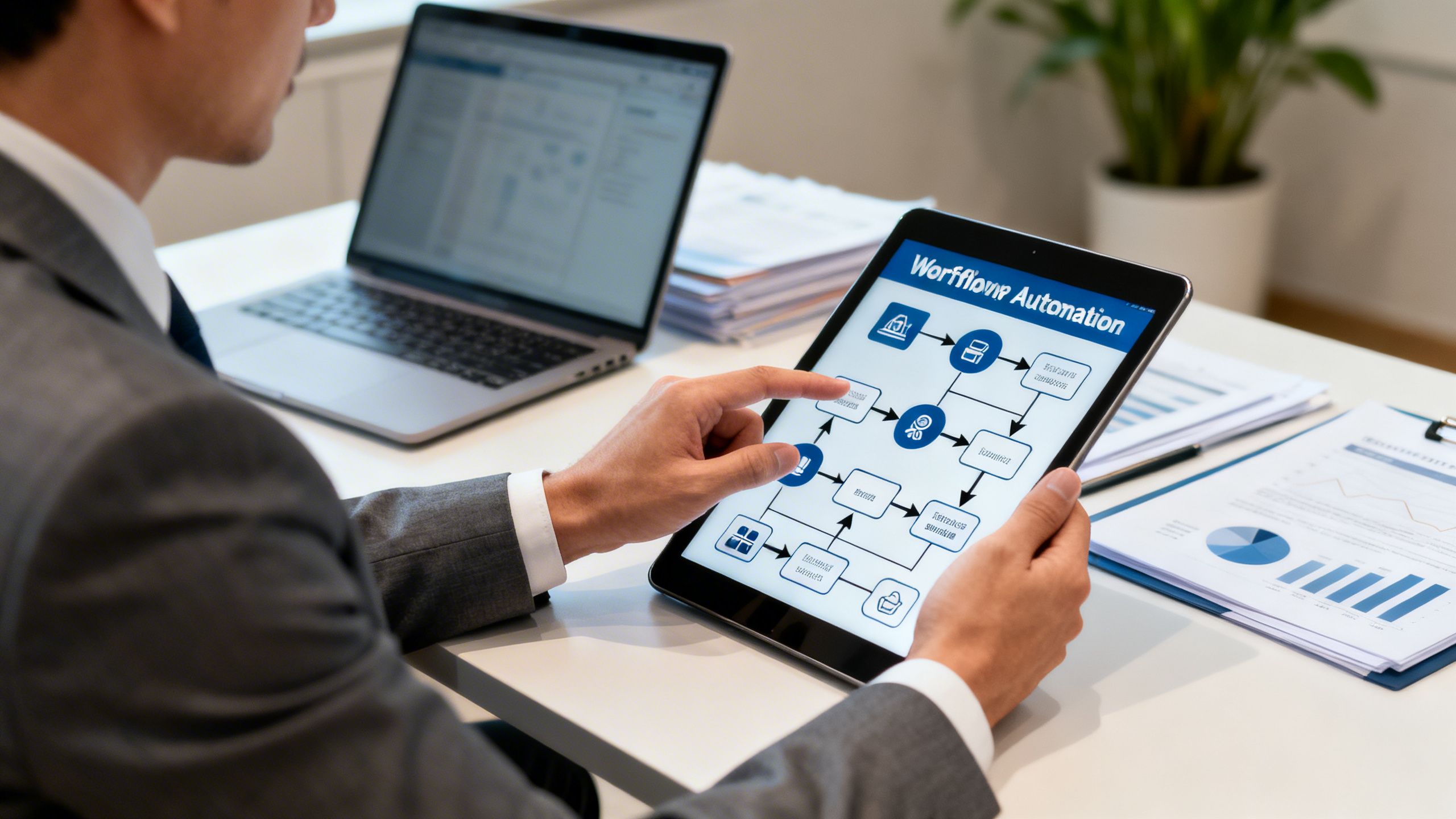 A business professional analyzing a workflow automation chart on a digital tablet