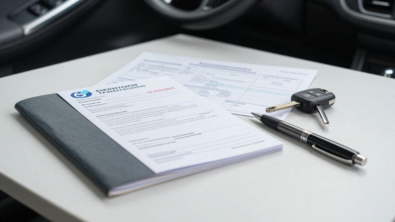 Fahrzeugpapiere neben Autoschlüssel und Serviceheft