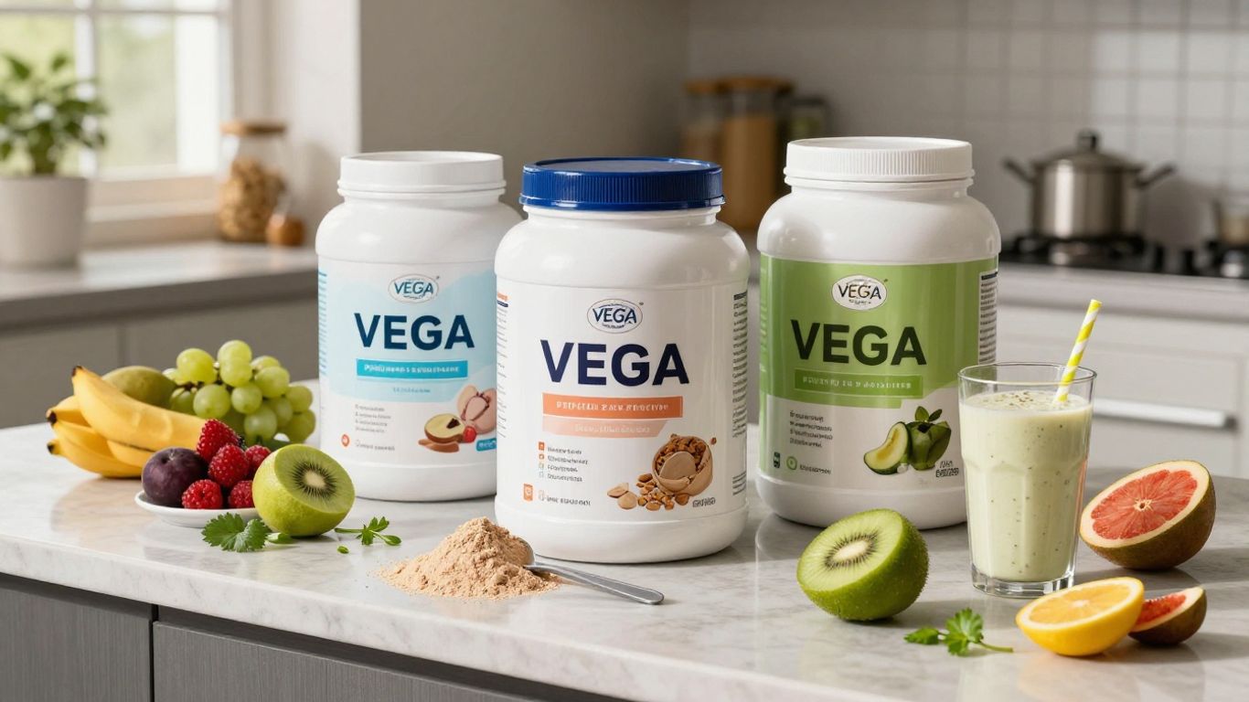 Various Vega protein powders with fruits and smoothies