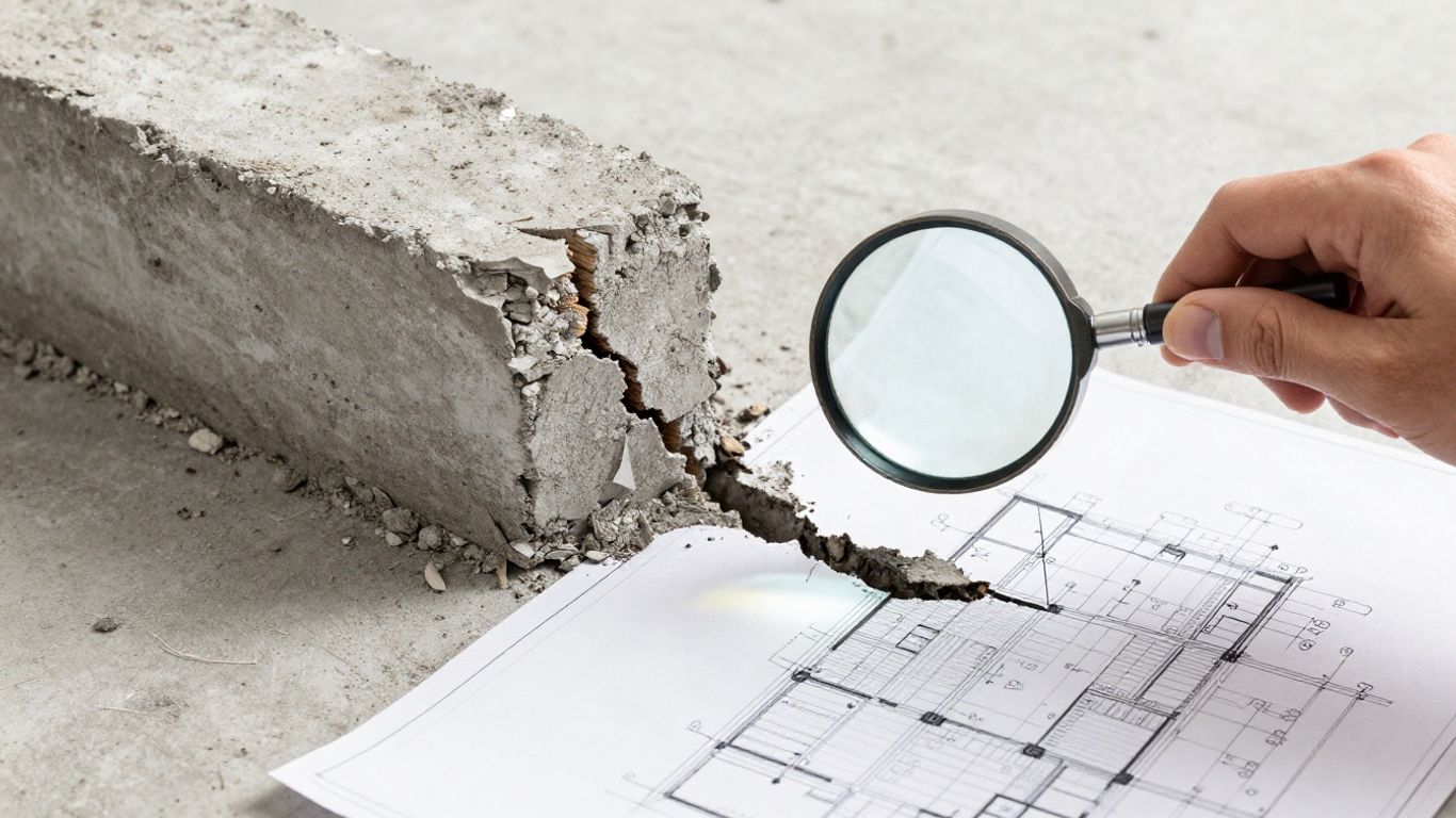 Cracked foundation next to blueprint inspection.