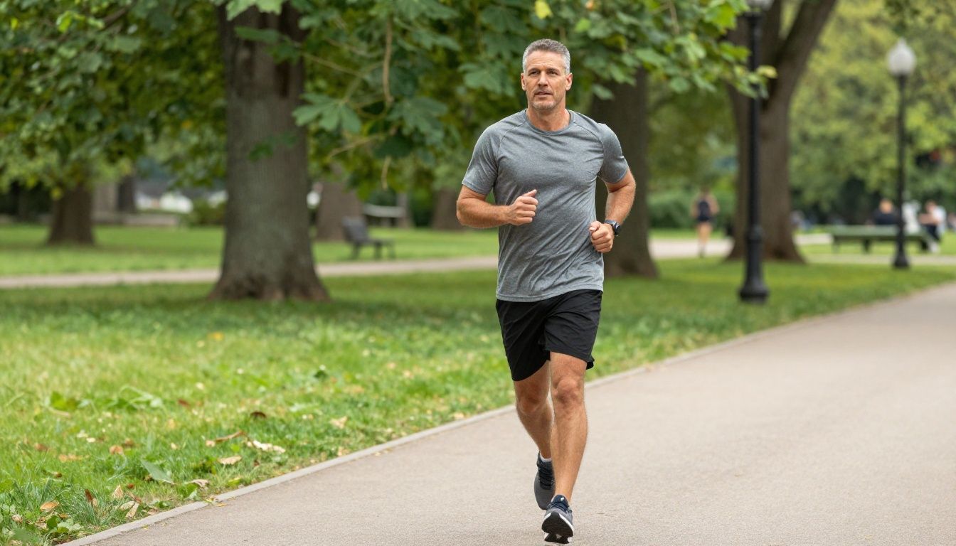 A confident, fit man in his 40s jogging outside in a lush park setting, looking healthy and full of energy, professional cinematic lighting, high-quality photograph.